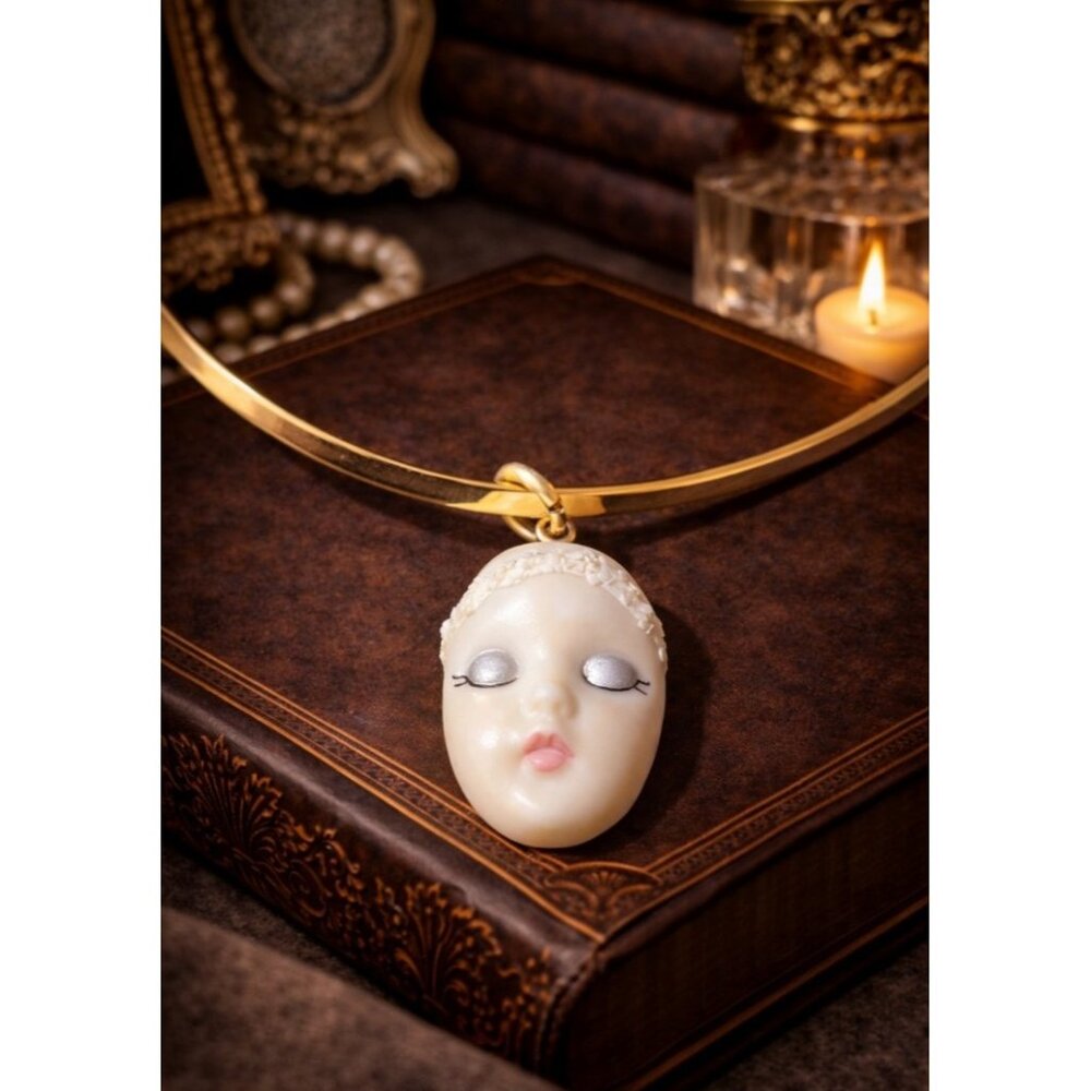 Vintage ADAGIO Porcelain Face Pendant Necklace Hinged Collar Choker 1980s Signed